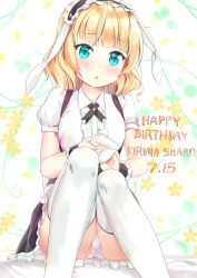 Rule 34 | 1girl, animal ears, bed sheet, black skirt, blonde hair, blunt bangs, blush, bolo tie, breasts, character name, cherry blossoms, chestnut mouth, collared shirt, commentary request, cup, dated, english text, fake animal ears, fleur de lapin uniform, floppy ears, floral background, frilled cuffs, frilled shirt, frilled skirt, frills, gochuumon wa usagi desu ka?, happy birthday, highres, holding, holding cup, kirima syaro, looking at viewer, maid headdress, niiya, open mouth, panties, pantyshot, puffy short sleeves, puffy sleeves, rabbit ears, shirt, short hair, short sleeves, sitting, skirt, small breasts, solo, teacup, thighhighs, underbust, underwear, wavy hair, white background, white panties, white shirt, white thighhighs, wing collar, wrist cuffs