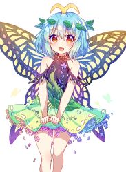 Rule 34 | 1girl, :d, absurdres, antennae, bare shoulders, blue flower, blue hair, blush, brown eyes, butterfly wings, commentary, dress, eternity larva, feet out of frame, flower, green dress, hair between eyes, hair ornament, highres, insect wings, kaoling, leaf hair ornament, looking at viewer, open mouth, purple flower, simple background, smile, solo, symbol-only commentary, touhou, white background, wings