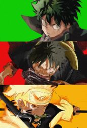 Rule 34 | + +, 3boys, aiming, aiming at viewer, biting, black cloak, black gloves, blonde hair, boku no hero academia, charging forward, cloak, coat, crossover, facial mark, forehead protector, freckles, glint, gloves, green background, green eyes, hat, holding, holding polearm, holding weapon, konohagakure symbol, long sleeves, looking at viewer, magatama, male focus, mask pull, midoriya izuku, monkey d. luffy, mouth hold, multiple boys, multiple crossover, naruto (series), naruto shippuuden, one piece, open mouth, orange eyes, outstretched arm, parted lips, polearm, portrait, red background, short hair, simple background, spiked hair, straw hat, trait connection, uzumaki naruto, weapon, yellow background, yellow coat, yuuki (illust2002)