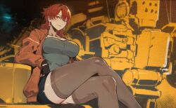 Rule 34 | 1girl, armored core, armored core 6, black gloves, breasts, cinder carla, collarbone, commentary, crossed legs, earrings, fingerless gloves, gloves, jacket, jewelry, large breasts, las91214, long sleeves, looking at viewer, mecha, miniskirt, open clothes, open jacket, orange jacket, red eyes, red hair, robot, short hair, sitting, skirt, solo, tassel, tassel earrings, thighhighs