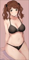 Rule 34 | 1girl, amagami, arm support, bikini, black bikini, blush, breasts, brown hair, cleavage, collarbone, curvy, feet out of frame, hair ribbon, large breasts, light smile, looking at viewer, mobu, nakata sae, navel, ribbon, simple background, sitting, skindentation, solo, swept bangs, swimsuit, twintails