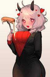 Rule 34 | 1girl, ahoge, arm behind back, black jacket, black skirt, blush, breasts, bright pupils, butter, commentary request, cowboy shot, demon girl, demon horns, dripping, food, fork, guunhanchi, heart, heart-shaped pupils, helltaker, highres, holding, holding fork, horns, jacket, large breasts, long sleeves, looking at viewer, modeus (helltaker), office lady, open mouth, pancake, pencil skirt, red eyes, red sweater, short hair, side slit, skirt, solo, suggestive fluid, sweater, symbol-shaped pupils