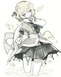 Rule 34 | 1girl, blush, commentary, detached sleeves, frilled sleeves, frills, hand on own chin, highres, layered shirt, looking at viewer, mizuhashi parsee, monochrome, one-hour drawing challenge, pointy ears, sakuratsuki, scarf, shirt, short hair, skirt, smile, solo, touhou