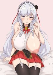 Rule 34 | 1girl, absurdres, algerie (azur lane), azur lane, bare shoulders, black thighhighs, blush, breasts, collarbone, copyright request, drill hair, drill sidelocks, garter straps, headdress, highres, huge breasts, lactation, lips, long hair, looking down, mole, mole under eye, nipples, noe (ppppriver), one breast out, pink background, pleated skirt, purple eyes, red skirt, sideboob, sidelocks, silver hair, simple background, sitting, skirt, smile, solo, thighhighs, very long hair