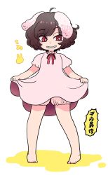 Rule 34 | 1girl, ahoge, barefoot, bloomers, brown hair, clothes lift, dress, dress lift, floppy ears, full body, grin, highres, inaba tewi, lifting own clothes, looking to the side, mashuu masaki, pink dress, puffy short sleeves, puffy sleeves, red eyes, red ribbon, ribbon, short dress, short hair, short sleeves, simple background, smile, solo, standing, teeth, touhou, translation request, underwear, uneven eyes, white background