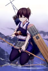 Rule 34 | 10s, 1girl, arrow (projectile), ashiwara yuu, bow (weapon), brown eyes, brown hair, gloves, japanese clothes, kaga (kancolle), kantai collection, muneate, partially fingerless gloves, partly fingerless gloves, personification, reflection, short hair, side ponytail, single glove, skirt, solo, squatting, thighhighs, weapon, yugake