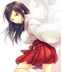 Rule 34 | 10s, 1girl, arms behind back, black hair, blush, breasts, brown eyes, female focus, idolmaster, idolmaster cinderella girls, large breasts, leaning forward, leg up, light smile, long hair, long sleeves, looking at viewer, looking to the side, mukai takumi, nontraditional miko, pleated skirt, red skirt, shirt, simple background, skirt, solo, standing, standing on one leg, tabi (artist), white background, white shirt, wide sleeves