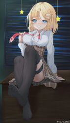 Rule 34 | 1girl, absurdres, blonde hair, blue eyes, blush, collared shirt, desk, feet, grin, hair ornament, highres, hololive, looking at viewer, loose necktie, necktie, on desk, shirt, short hair, sitting, skirt, smile, soles, solo, thigh strap, thighhighs, toe socks, varo 006, virtual youtuber, watson amelia