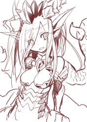 Rule 34 | 1girl, bare shoulders, dragon girl, dragon horns, dragon wings, elbow gloves, fins, gloves, head fins, horns, leotard, long hair, looking away, memento vivi, open mouth, puzzle &amp; dragons, simple background, sketch, solo, sonia (p&amp;d), white background, wings
