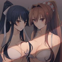 Rule 34 | 2girls, asymmetrical docking, black hair, bra, breast press, breasts, brown hair, closed mouth, hair intakes, kantai collection, kasumi (skchkko), large breasts, long hair, looking at viewer, multiple girls, open mouth, ponytail, red eyes, simple background, sunlight, underwear, very long hair, yahagi (kancolle), yamato (kancolle), yellow eyes