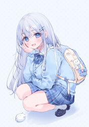 Rule 34 | 1girl, a20 (atsumaru), arms at sides, backpack, bag, black footwear, blue bow, blue skirt, blue vest, blush, bow, bowtie, breasts, carrying bag, collared shirt, hand on own face, highres, large breasts, long hair, long sleeves, looking at viewer, open mouth, original, plaid, plaid skirt, print bag, school uniform, shirt, shoes, sidelocks, skirt, smile, socks, solo, squatting, vest, white background, white hair, white shirt, white socks