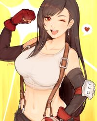 Rule 34 | 1girl, artist name, asymmetrical hair, black hair, blush, breasts, clenched hand, collarbone, commentary, crop top, detached sleeves, earrings, elbow pads, english commentary, eyelashes, female focus, final fantasy, final fantasy vii, fingerless gloves, flexing, gloves, heart, highres, jewelry, jivke, large breasts, long hair, looking at viewer, midriff, navel, one eye closed, open mouth, parted bangs, red eyes, red gloves, shirt, signature, skirt, smile, solo, speech bubble, spoken heart, square enix, suspender skirt, suspenders, tank top, tifa lockhart, upper body, white shirt, wink, yellow background