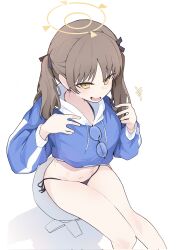 Rule 34 | 1girl, bikini, bikini under clothes, black bikini, blue archive, blue hoodie, blush, brown eyes, brown hair, feet out of frame, from above, halo, highres, hood, hoodie, long hair, long sleeves, moe (blue archive), moe (swimsuit) (blue archive), official alternate costume, open mouth, pearlgang e, simple background, smile, solo, swimsuit, twintails, unworn eyewear, white background, yellow halo