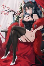 Rule 34 | 1girl, absurdres, anklet, ass, azur lane, between breasts, black thighhighs, blush, breasts, cleavage, cleavage cutout, clothing cutout, cross, crossed legs, devil heavens, fingernails, flower, full body, fur scarf, fur trim, garter straps, hair between eyes, high heels, highres, horns, iron cross, jewelry, long fingernails, looking at viewer, makeup, mechanical horns, nail polish, off shoulder, open mouth, petals, pumps, red horns, red nails, shoes, short hair, solo, stiletto heels, thighhighs, thighs, ulrich von hutten (azur lane), white footwear, wristband, yellow eyes