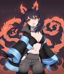 Rule 34 | 1girl, animal ears, bikini, bikini top only, bikini under clothes, black bikini, black bra, black hair, black panties, bra, breasts, cat ears, cleavage, commentary, cowboy shot, en&#039;en no shouboutai, english commentary, fiery ears, fiery tail, firefighter, firefighter jacket, highres, hip vent, jacket, long hair, long sleeves, looking at viewer, medium breasts, midriff, nanumn, navel, open clothes, open jacket, panties, serious, solo, swimsuit, tail, tamaki kotatsu, torn clothes, torn jacket, twintails, underwear, wide sleeves, yellow eyes