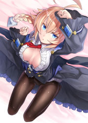 Rule 34 | 1girl, ahoge, black dress, blazblue, blonde hair, blue eyes, blush, braid, breasts, breasts apart, brown pantyhose, center frills, cleavage cutout, clothing cutout, collared shirt, dress, dress shirt, es (xblaze), frills, highres, huge ahoge, knees up, large breasts, long hair, long sleeves, looking at viewer, lying, necktie, on back, open clothes, open mouth, open shirt, orochi itto, panties, panties under pantyhose, pantyhose, red necktie, shirt, single braid, solo, tattoo, thighs, underwear, white shirt, xblaze, xblaze code: embryo