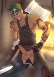Rule 34 | 1boy, aiden flynn, camp buddy, erection, fire, green hair, grin, highres, male focus, mikkoukun, muscular, penis, smile, solo, steam, sweat, sword, tattoo, testicles, weapon