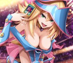 Rule 34 | 1girl, bare shoulders, between fingers, blonde hair, blue footwear, blue hat, blush stickers, boots, breasts, card, card between fingers, choker, cleavage, dark magician girl, duel monster, fang, feet out of frame, green eyes, hat, highres, holding, holding card, holding wand, large breasts, long hair, looking at viewer, nipple slip, nipples, nm (tshell2761), open mouth, pentacle, skin fang, solo, tongue, tongue out, wand, wizard hat, yu-gi-oh!