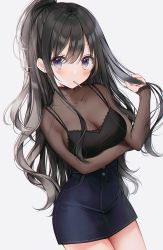 Rule 34 | 1girl, arm under breasts, bad id, bad pixiv id, bare shoulders, black hair, blue eyes, blush, breasts, candy, cleavage, collarbone, commentary request, cowboy shot, denim, denim skirt, food, high-waist skirt, highres, holding, holding hair, in mouth, large breasts, lollipop, long hair, long sleeves, looking at viewer, messy hair, mole, mole under eye, original, pencil skirt, ponytail, skirt, solo, weri