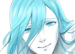 Rule 34 | 1boy, ainchase ishmael, blue eyes, blue hair, completely nude, elsword, highres, long hair, looking at viewer, nude, pinkmarine, portrait, richter (elsword), smile, solo, white background