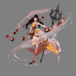 Rule 34 | 00s, 1girl, :d, ankle lace-up, artist request, beads, black eyes, black footwear, black hair, breasts, chinese clothes, cleavage, closed eyes, cross-laced footwear, dungeon and fighter, dust, earrings, female priest (dungeon and fighter), floating, full body, glowing, grey background, hair ornament, highres, holding, holding staff, jewelry, leg up, levitation, long hair, long sleeves, looking at viewer, official art, open mouth, orb, petals, sash, shakujou, shaman (dungeon and fighter), shoes, shoulder pads, simple background, smile, solo, staff, standing, standing on one leg, tassel, yin yang