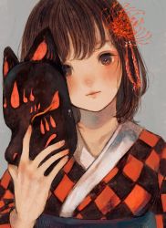 Rule 34 | 1girl, brown eyes, brown hair, flower, fox mask, hair flower, hair ornament, highres, holding, holding mask, japanese clothes, kimono, light smile, looking at viewer, mask, orie h, original, short hair, simple background, solo, spider lily, unworn mask