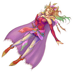 Rule 34 | 1990s (style), 1girl, cape, dagger, detached sleeves, earrings, final fantasy, final fantasy vi, green hair, highres, jewelry, knife, long hair, mitsukaze, mitsukaze makoto, multicolored hair, pantyhose, ponytail, purple eyes, retro artstyle, simple background, solo, tina branford, weapon