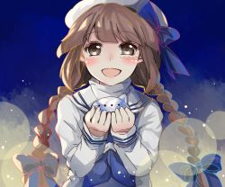 Rule 34 | 1girl, blush, bow, braid, brown hair, funamusea, grey eyes, happy, hat, hat bow, highres, holding, holding instrument, instrument, long hair, looking at viewer, ocarina, oounabara to wadanohara, open mouth, outline, revanche, sailor, sailor hat, sidelocks, smile, solo, spotlight, twin braids, upper body, wadanohara