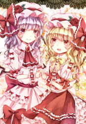 Rule 34 | 2girls, ascot, bad id, bad pixiv id, bat wings, blonde hair, blue hair, bow, brooch, dress, female focus, flandre scarlet, flapping, flower, frilled dress, frills, holding hands, hat, hat bow, hat flower, interlocked fingers, jaku sono, jewelry, looking at viewer, multiple girls, open mouth, pink dress, pink eyes, puffy sleeves, red dress, red flower, red rose, remilia scarlet, rose, sash, short sleeves, siblings, side ponytail, sisters, smile, touhou, wings, wrist cuffs