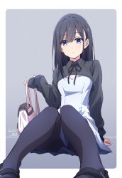 Rule 34 | 1girl, bag, black footwear, black pantyhose, black ribbon, blue eyes, cleavage cutout, clothing cutout, commentary request, dated, dress, gradient background, grey background, highres, holding, holding bag, long sleeves, looking at viewer, medium hair, monai-chan (nii manabu), neck ribbon, nii manabu, original, panties, panties under pantyhose, pantyhose, pink bag, ribbon, shoes, signature, sitting, solo, underwear, upskirt, white dress