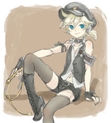 Rule 34 | 1boy, armband, bad id, bad pixiv id, blonde hair, blue eyes, boots, crossdressing, gloves, hat, headphones, kagamine len, lalamix, male focus, shorts, sketch, solo, thighhighs, trap, vocaloid, whip