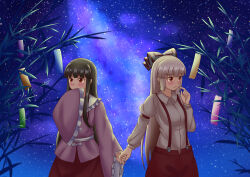Rule 34 | 2girls, absurdres, bamboo, black hair, blush, bow, collared shirt, commentary, covering own mouth, fujiwara no mokou, grey hair, hair bow, hand over own mouth, highres, holding hands, houraisan kaguya, long hair, long sleeves, multiple girls, night, night sky, outdoors, pants, piaoluo de ying huaban, pink shirt, red eyes, red pants, red skirt, shirt, skirt, sky, star (sky), suspenders, tanabata, tanzaku, touhou, very long hair, wide sleeves, yuri