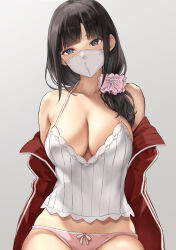 Rule 34 | 1girl, bare shoulders, black eyes, black hair, blunt bangs, breasts, camisole, cleavage, commentary request, grey background, hair over shoulder, halterneck, highres, jacket, large breasts, long hair, looking at viewer, mask, mole, mole on neck, mouth mask, nijisanji, off shoulder, open clothes, open jacket, panties, pink panties, red jacket, serizawa (serizawaroom), solo, suzuka utako, track jacket, underwear, virtual youtuber, white camisole