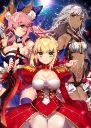 Rule 34 | 10s, 3girls, aestus estus, ahoge, altera (fate), animal ears, bandeau, blush, braid, breasts, cleavage, closed mouth, cowboy shot, dark-skinned female, dark skin, dress, epaulettes, fate/extella, fate/extra, fate (series), fox ears, french braid, grey hair, hair intakes, holding, holding sword, holding weapon, juliet sleeves, large breasts, leotard, long hair, long sleeves, looking at viewer, multiple girls, nero claudius (fate), nero claudius (fate) (all), nero claudius (fate/extra), parted lips, puffy sleeves, red dress, red eyes, revealing clothes, sakura yuki (clochette), sidelocks, smile, straight hair, sword, tamamo (fate), tamamo no mae (fate/extra), tsurime, twintails, very long hair, weapon, white leotard