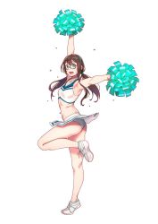 Rule 34 | 1girl, alternate costume, alternate hairstyle, arm up, armpits, ass, bare arms, bare legs, bare shoulders, blush, breasts, cheerleader, circle skirt, commentary request, crop top, from side, full body, glasses, green eyes, hair between eyes, hair ribbon, hairband, highres, holding, kantai collection, leg up, long hair, looking at viewer, midriff, miniskirt, ooyodo (kancolle), open mouth, panties, pom pom (cheerleading), ribbon, semi-rimless eyewear, shoes, simple background, skirt, sleeveless, small breasts, smile, sneakers, solo, standing, twintails, under-rim eyewear, underwear, white background, yuuji (and)