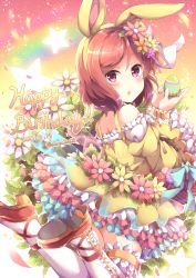 Rule 34 | 10s, 1girl, :o, animal ears, ankle lace-up, basket, blush, cross-laced footwear, dated, dress, easter, easter egg, egg, flower, frilled dress, frilled sleeves, frilled thighhighs, frills, hair flower, hair ornament, hairband, happy birthday, high heels, jumping, looking back, love live!, love live! school idol festival, love live! school idol project, nishikino maki, niwasane (saneatsu03), petals, purple eyes, rabbit ears, red footwear, red hair, shoes, solo, star (symbol), thighhighs, twitter username, white thighhighs