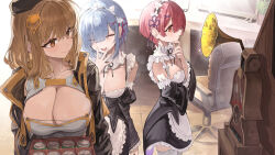 Rule 34 | 3girls, ^ ^, absurdres, anis (nikke), apron, black dress, blue hair, blush, breasts, brown hair, cleavage, closed eyes, collarbone, commentary, crossover, detached sleeves, dress, frilled apron, frills, goddess of victory: nikke, highres, indoors, large breasts, looking at another, looking at object, maid, maid apron, medium breasts, movik, multiple girls, neck ribbon, phonograph, pink hair, ram (re:zero), re:zero kara hajimeru isekai seikatsu, rem (re:zero), ribbon, short hair, smile, white apron