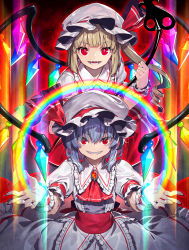 Rule 34 | 2girls, ascot, back bow, bat wings, blonde hair, blue hair, blush, bow, bright pupils, brooch, crystal, fingernails, flandre scarlet, frilled shirt, frilled shirt collar, frilled sleeves, frills, gem, hair between eyes, hat, hat ribbon, highres, jewelry, laevatein (touhou), looking at viewer, mob cap, multiple girls, one side up, outstretched arms, puffy short sleeves, puffy sleeves, purple ascot, rainbow gradient, red bow, red eyes, red gemstone, red ribbon, red skirt, red vest, remilia scarlet, revision, ribbon, ribbon trim, sash, sharp teeth, shirt, short hair, short sleeves, siblings, sisters, skirt, slit pupils, teeth, touhou, upper body, vest, white background, white pupils, white shirt, wings, wrist cuffs, yellow ascot, zounose