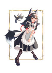 Rule 34 | 1girl, absurdres, animal ear fluff, animal ears, apron, black dress, black footwear, black hair, black pantyhose, blush, commentary request, dress, hair between eyes, hair ornament, hairclip, high heels, highres, holding, holding tray, hololive, long hair, looking at viewer, maid, maid apron, maid headdress, miochun, mizuren, multicolored hair, ookami mio, open hand, open mouth, pantyhose, red hair, short sleeves, sidelocks, simple background, streaked hair, tray, very long hair, virtual youtuber, white background, wolf ears, wolf girl, yellow eyes