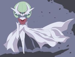 Rule 34 | bob cut, colored skin, creatures (company), dress, elbow gloves, game freak, gardevoir, gen 3 pokemon, gloves, green hair, grey background, highres, looking at viewer, maks (makusu 210), mega gardevoir, mega pokemon, nintendo, pink eyes, pokemon, pokemon (creature), simple background, white dress, white gloves, white skin