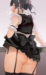 Rule 34 | 1girl, ass, black bow, black dress, black hair, black panties, black thighhighs, blush, bow, clothes lift, commentary request, commission, dress, dress lift, flying sweatdrops, garter straps, highres, large bow, lifting own clothes, looking at viewer, looking back, maid, maid headdress, medium hair, open mouth, original, panties, pink eyes, pussy juice, skeb commission, sleeveless, sleeveless dress, solo, standing, thighhighs, twintails, underwear, uno ryoku