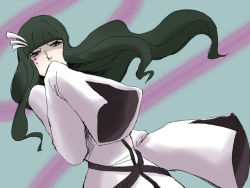 Rule 34 | 1girl, 7ma5 4nomono, arrancar, bleach, blunt bangs, covering own mouth, cyan sung-sun, expressionless, facial mark, green hair, long hair, sleeves past wrists, solo