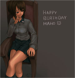 Rule 34 | 1girl, animal print, bear print, black skirt, black socks, brown eyes, brown hair, chair, character name, closed mouth, commentary, crossed legs, dress shirt, english text, frown, girls und panzer, grey background, grey shirt, hand on own face, happy birthday, insignia, kuromorimine school uniform, long sleeves, looking to the side, miniskirt, nishizumi maho, pleated skirt, school uniform, shirt, short hair, simple background, sitting, skirt, socks, solo, standing, tessaku ro
