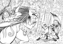 Rule 34 | 2others, bamboo, bamboo forest, digimon, digimon (creature), forest, kyukimon, looking at another, lowres, mask, multiple others, nature, reppamon
