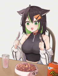 Rule 34 | 1girl, :d, ahoge, animal ear fluff, animal ears, bare shoulders, black hair, breasts, chair, crop top, cup, fork, green hair, hair between eyes, hair ornament, highres, holding, holding fork, holding knife, jacket, knife, large breasts, medium hair, off shoulder, open clothes, open jacket, open mouth, original, pet food, shuuzo3, smile, solo, table