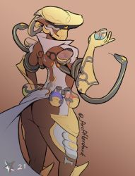 Rule 34 | 1girl, arcafterdark, ass, bioluminescence, colored skin, flat color, from behind, genderswap, genderswap (mtf), glowing, highres, holding, lavos (warframe), looking at viewer, looking back, monster girl, multicolored skin, signature, simple background, snake, solo, warframe