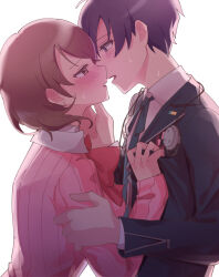 Rule 34 | 1boy, 1girl, absurdres, black jacket, black ribbon, blue eyes, blue hair, blush, bow, bowtie, brown eyes, brown hair, cardigan, collared shirt, commentary, couple, earrings, eye contact, from side, gekkoukan high school uniform, hand on another&#039;s arm, hand on another&#039;s chest, hand on another&#039;s face, headphones, headphones around neck, highres, imminent kiss, jacket, jewelry, long sleeves, looking at another, neck ribbon, open mouth, persona, persona 3, persona 3 reload, pink cardigan, po su su, profile, red bow, red bowtie, ribbed cardigan, ribbon, school uniform, shirt, short hair, stud earrings, sweat, sweatdrop, takeba yukari, upper body, white background, white shirt, yuuki makoto (persona 3)