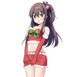 Rule 34 | 1girl, adachi tenka, bare shoulders, belt, black hair, blush, bow, breasts, brown eyes, christmas, cleavage, collarbone, commission, cowboy shot, crop top, elbow gloves, gloves, green bow, hair between eyes, hair ornament, highres, long hair, looking at viewer, midriff, miniskirt, navel, one side up, open mouth, red gloves, red shirt, red skirt, sasha chii, shirt, shoujo ramune, sidelocks, simple background, skirt, sleeveless, sleeveless shirt, small breasts, solo, spaghetti strap, white background