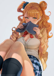 Rule 34 | 1girl, asymmetrical hair, black legwear, blonde hair, blue eyes, blue scrunchie, blush, book, bow, breasts, cardigan, cleavage, covering own mouth, earrings, galko, gyaru, hair bun, hair ornament, hair scrunchie, highres, holding, holding book, jewelry, kogal, large breasts, long hair, magion02, nail polish, one side up, open cardigan, open clothes, oshiete! galko-chan, partially unbuttoned, pink nails, plaid, plaid skirt, red bow, scrunchie, side bun, simple background, single hair bun, single side bun, skirt, solo, stud earrings, thighs, white background, yellow cardigan