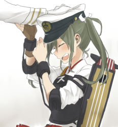 Rule 34 | 10s, 1boy, 1girl, admiral (kancolle), closed eyes, flight deck, green hair, hat, kantai collection, military, military uniform, muneate, naval uniform, open mouth, out of frame, peaked cap, headpat, ree (re-19), smile, uniform, zuikaku (kancolle)